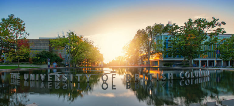 Sunset over the fountain at UBC's Main Mall and University Boulevard